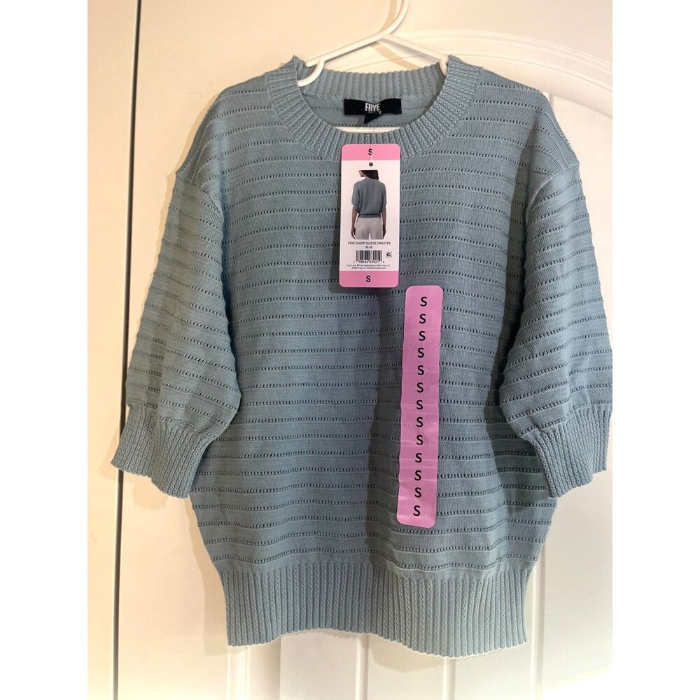 FRYE Textured Knit Sweater Small Dusty Blue Open Stitch Pullover